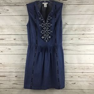 Esley Embroidered Blue Tunic Dress with Two Pockets & Tassels